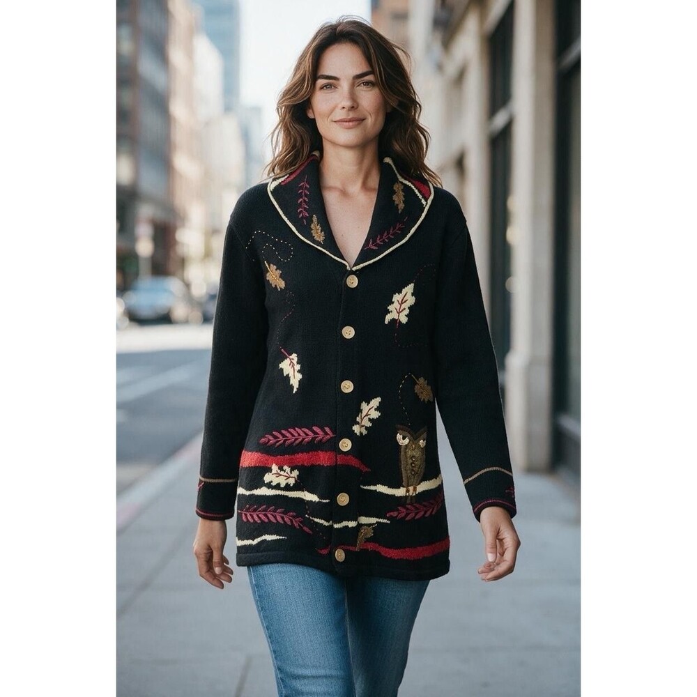 Storybook Knits Embroidered Fall Leaves Thanksgiving Cardigan Sweater Medium HSN